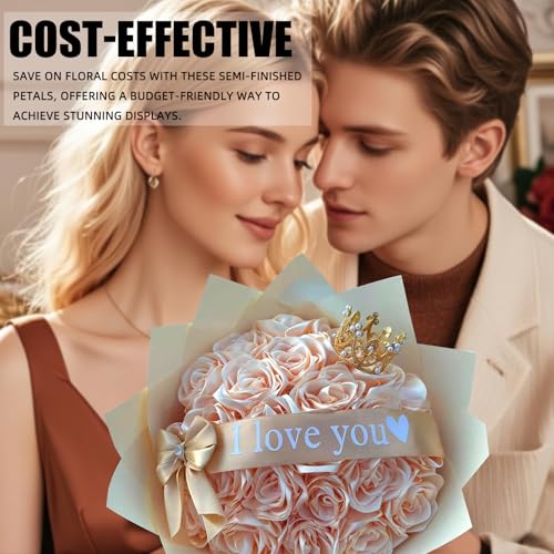 300Pcs Premade Satin Ribbon Rose Petals Half-Finished for Eternal Rose DIY Ramos Forever Flowers Bouquets Everlasting Floral,for Wedding,Anniversary,Birthday (300 Pcs Champagne) - color: 300 Pcs Champagne
