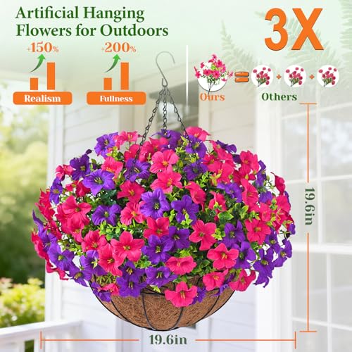 Realistic Artificial Hanging Flowers for Outdoors with Basket, 2 Set Large Size UV Resistant Artificial Outdoor Flowers, Full Faux Outdoor Flowers Fake Hanging Flowers for Porch, Front Door, Garden - color: Purple Red+purple, size: 2 Set