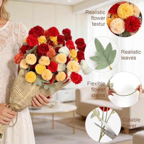 PARTY TONIGHT 12 Pcs Artificial Fall Flowers, Burnt Orange Faux Kiku Chrysanthemum, Assorted Silk Mums Balls, Autumn Fake Floral Stems for Vase Home Table Decor Arrangement（6 Mix Colors ）