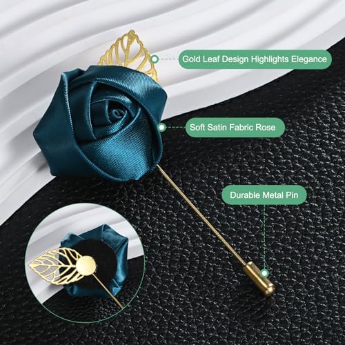 M METERXITY 1-Pack Flower Lapel Pins for Men, Golden Leaf Rose Boutonnieres Pin Groom Boutonnieres for Wedding/Dance/Party, Men Lapel Pins for Suits Satin Flower Corsage [Indigo] - color: Indigo