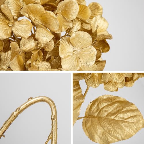 Hollyone 3Pcs Christmas Flowers Gold Artificial Hydrangea Flowers 26.8inch Fake Hydrangea Flower Floral Arrangements Bouquets Xmas Faux Hydrangea Stems Wedding Party Centerpieces Christmas Home Decor - color: Gold - Hydrangea
