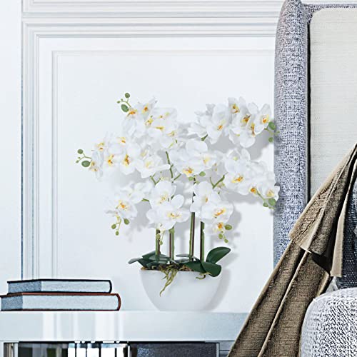 Ziwon Artificial Orchid Flowers & Plants Potted in Ceramic Pot, White Faux Phalaenopsis Orchids for Table Centerpiece, Realistic Fake Flower Arrangement for Home Office Decor Indoor - color: White & White 02