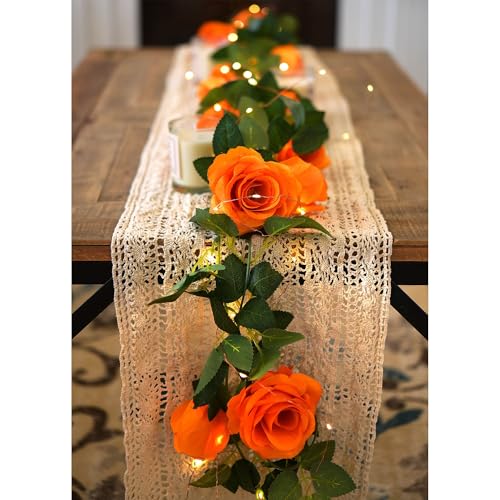 FiveSeasonStuff 29 Ft 4 Pack Mandarin Orange Rose Silk Flower Garland Artificial Flowers Decoration Hanging Floral with 66 feet String Lights - color: Mandarin Orange With String Lights