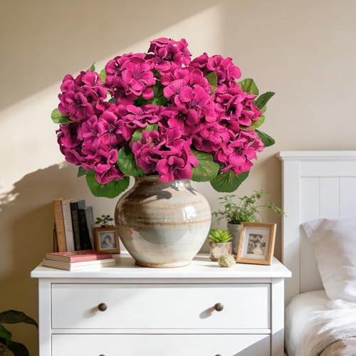 Roberly 6 Pcs Artificial Flowers for Outdoors, Fuchsia Fake Geranium Flowers UV Resistant Realistic Silk Faux Plants for Spring Summer Front Door Yard Window Box Indoor Home Decor - color: Fuchsia