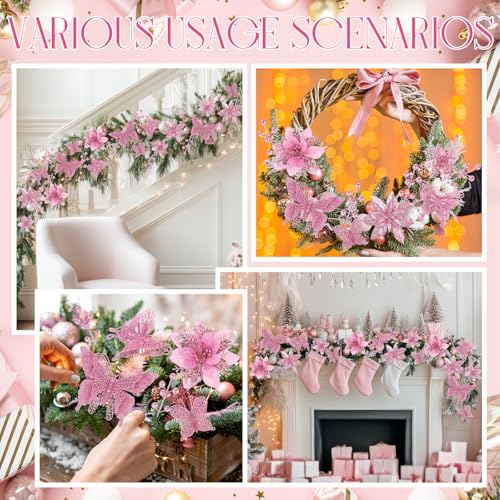 Thiccywoov 122 Pcs Christmas Glitter Poinsettia Artificial Flowers Berry Picks Butterfly Christmas Tree Ornaments 3 Styles Poinsettia kit with Clip for Xmas Wreath Home Tree Decor(Pink) - color: Pink