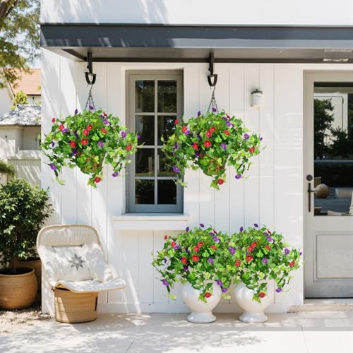 Krissing 2 Pack Artificial Hanging Flowers with Baskets for Outdoors UV Resistant Fake Ivy Plants Greenery Faux Silk Daisy Flowers for Outdside Porch Balcony Summer Home Decor (Purple, Red) - color: Purple+hot Pink, size: 6pcs with 2 baskets