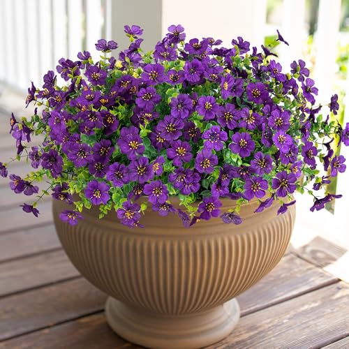 Artificial Fake Plants Flowers for Outdoor Decoration, 12 Bundles Faux Silk Daisy Look Real UV Resistant for Outside Home Porch Patio Planter Decor - color: Purple 2