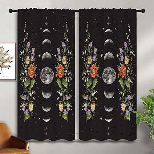 Boho Floral Flower Rod Pocket Blackout Curtains for Boy Girl Bedroom, Moon Phase Moonlit Garden Witchy Gothic Aesthetic Thermal Insulated Home Window Drapes for Living Room Darkening, 42x45 inch - color: Boho Floral Flower-001, size: 42"W x 45"L (Pack of