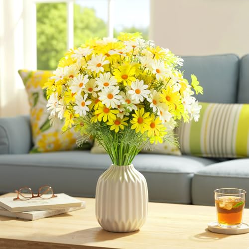 Giegxin 100 Pcs Artificial Daisy Flowers Bulk Realistic Fake Daisies Faux Wildflower Daisy UV Resistant Silk Fake Flowers Plants for Outside Wedding Garden Home Table Decor (White,Yellow) - color: White,yellow