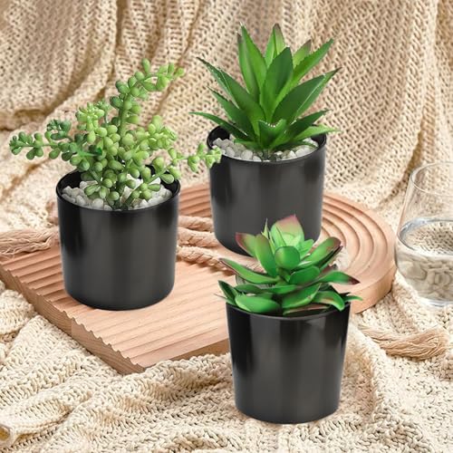 Hopewood Artificial Succulents Faux Potted Plant Decor, Small Fake Plants in Black Pot, Realistic and Lifelike for Book Shelf, Desk Decor, Home Office, Kitchen, or Bathroom Decor - Pack of 3 - color: Faux Plants-black