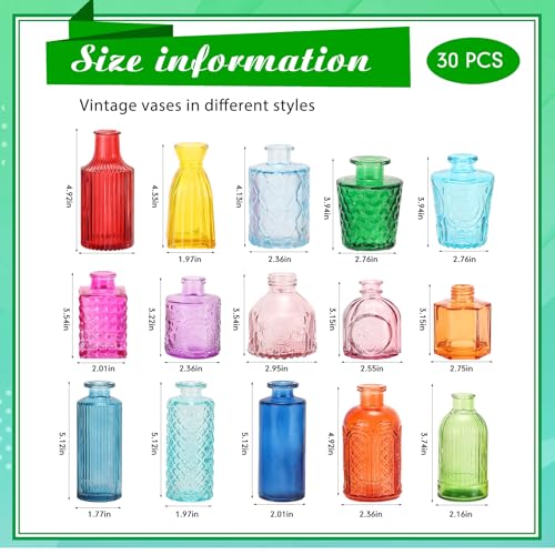 Yaomiao 30 Pcs Vases Bulk Colored Flower Glass Bud Vases Valentine Vintage Colored Glass Bottles Colorful Rustic Embossed for Home Wedding Table Decorations Gifts(Bright Color) - color: Bright Color