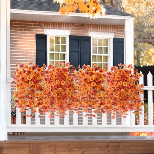 ZFProcess Artificial Fall Flowers for Outdoors, 2PCS Silk Fake Flowers Realistic Daisy Mums UV Resistant Porch Patio Window Yard Decor (Fall Orange) - color: Fall Orange