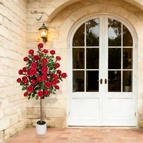 VIVATREES 5ft Artificial Camellia Tree, 60'' Tall Faux Camellia Plant with Red Flowers, UV Resistant Indoor Outdoor Fake Tree with White Planter Pot Included for Living Room Patio Decor