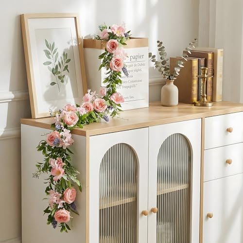Giegxin 1 Pack 6 ft Artificial Flower Garland with Rose and Daisy Flower Pink Fake Wisteria Vines Summer Greenery Eucalyptus Garland for Wedding Mantle Porch Stair Table Indoor Decor - style: Rose