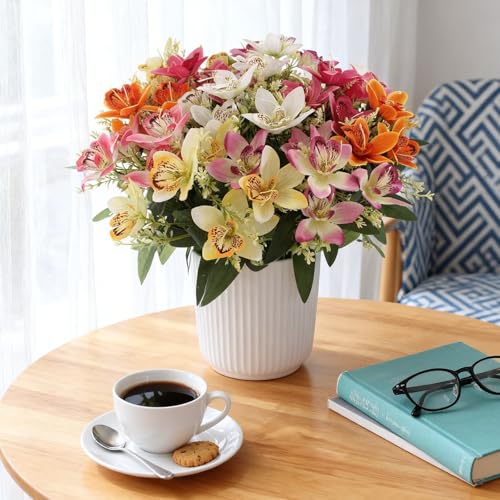 Coreland 12pcs Artificial Flowers Faux Cattleya Flower Bouquet for Vase Table Decorations Silk Flowers for Home Decor DIY Party Wedding Centerpieces Indoor Outdoor Arrangements (Vase not Included) - color: C Mix - 12 Pcs