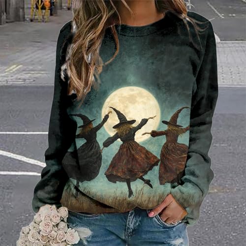 MARSVOVO Witch Sweatshirts For Women Novelty Halloween Witch Print Spooky Season Fashion Party Long Sleeve Fall Tops - color: A Color, size: Small