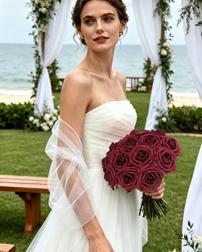 DuHouse 25Pcs Artificial Roses Flowers Fake Roses with Stems Real Touch Foam Flowers for DIY Wedding Bouquet Centerpiece Floral Arrangement Party Home Decor (Burgundy) - color: Burgundy, size: 25pcs