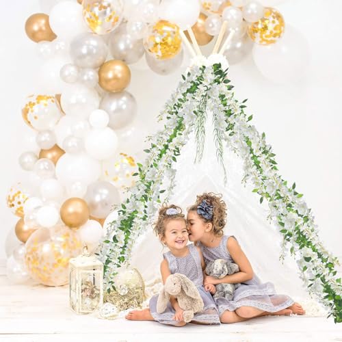 U'Artlines 10Pcs 7.2 Ft/Piece Artificial White Wisteria Garland Silk Fake Flowers Hanging Greenery Vines for Home Garden Wedding Party Indoor Outdoor Decor - color: White-a