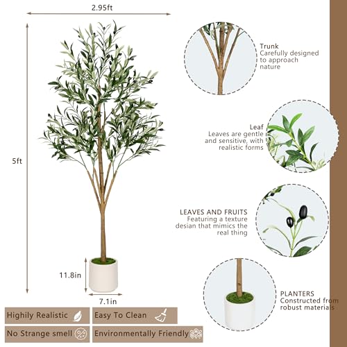 Artificial Olive Tree - Tall Indoor Faux Olive Tree with Planter & Basket, Realistc Fake Olive Tree with Fruits for Home Office Decor Living Roomi (5ft) - size: 5ft