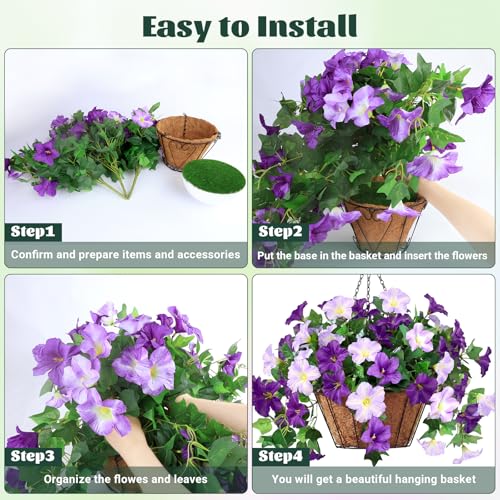 3PCS Hanging Artificial Flowers with Basket, Morning Glory Patio Decorations Outdoor Fake Hanging Decoration, Look Real UV Resistant Artificial Flowers for Outdoor Porch Patio Balcony(Purple)