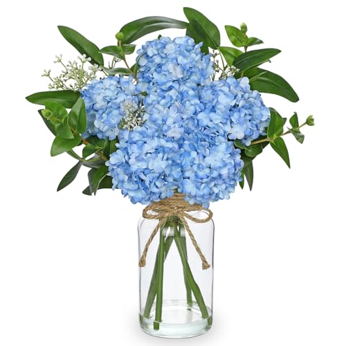 Hollyone Blue Hydrangea Artificial Flowers in Clear Glass Vase with Faux Water Silk Hydrangeas Fake Flowers Floral Arrangement for Home Bathroom Kitchen Office Table Centerpiece Shelf Decorations - color: Blue