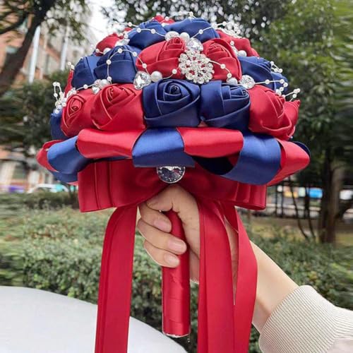 Bridal Wedding Bouquet with Silver Rhinestones Brooch Pearl Bouquet for Bride Bridesmaid Quinceanera Artificial Satin Rose Flower Bouquet Wedding Burgundy and Navy Blue 7.1in - color: Burgundy & Navy, size: Diameter: 7.1 inches