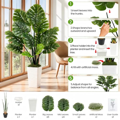 UPBUD Artificial Monstera Deliciosa Plant, 5FT Fake Tree with Real Touch Green Leaves & White Square Pot, 60in Tall Faux Trees Floor Plants for Indoor Outdoor Office Living Room Decor - color: Green Leaves White Planter