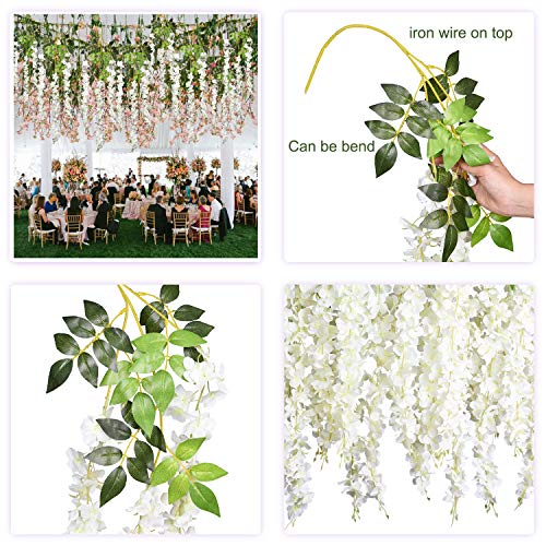 DearHouse 6 Pack Artificial Fake Wisteria Vine Ratta Hanging Garland, 3.75 Feet/Piece Silk Flowers String Home Party Wedding Decor (6PCS-Large White Wisteria) - color: White
