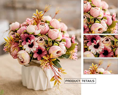 TKAS Artificial Flowers Fake Flowers Silk Rose Bouquets Decoration with Ceramics Vase for Table Home Office Wedding (Pink Bud) - color: Pink Bud