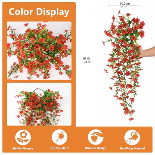 Hommyea Fake Artificial Hanging Flowers for Outdoors, 2 Pcs Fake Hanging Plant Spring Summer Decor, UV Resistant No Fade Faux Silk Daisy Flower for Front Door Porch Planter Patio Yard Garden(Red) - color: Red