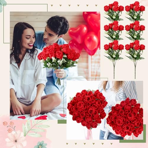 Jexine 16 Pack Artificial Roses Flower Bouquets Silk Fake Cream Flowers Bulk for Bridesmaid Bridal Wedding Party Decor, Home Vase Floral(Red) - color: Red