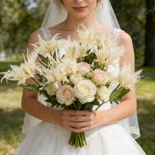 Artificial Thistle Flower Bouquet 2Pcs, White Artificial Eryngium Flowers Faux Thistle Artificial Spray Eryngiums Plants Simulation Sea Holly for Wedding Home Decoration Floral Arrangements