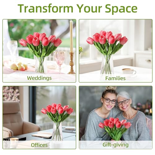 10 Pcs Artificial Tulips with Glass Vase, Real Touch PU Fake Tulip Stems for Easter, Spring, Wedding Bouquet, Home Centerpiece Floral Arrangement, and Table Décor (Magenta Red) - color: Magenta Red, size: Tulip, with Glass Vase