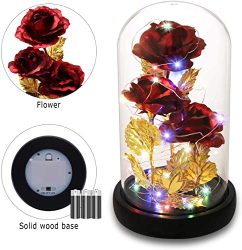 Valentine's Day Gifts for her, Eternal Rose in Glass Dome - Beauty and The Beast Inspired Keepsake, Gifts for Mom/Wife/Grandma, Preserved Roses with LED Light for Birthday/Anniversary - color: Red