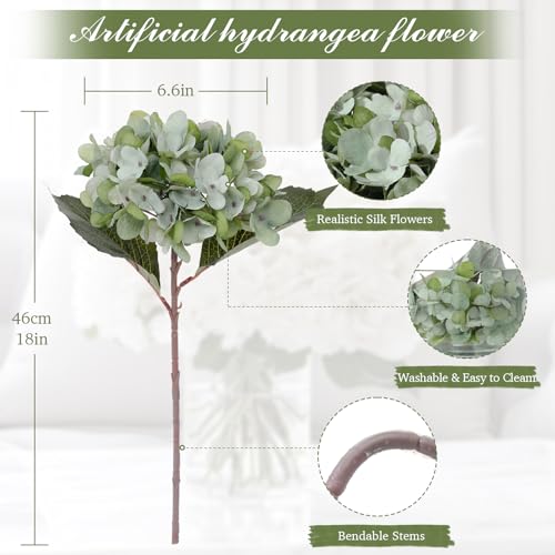 6PCS Realistic Artificial Silk Hydrangea Flowers, Premium Fake Hydrangea Flowers Bouquet with Stems, Full Faux Hydrangea Blooms for Home Wedding Table Party Office Decorations(Sage Green) - color: Sage Green