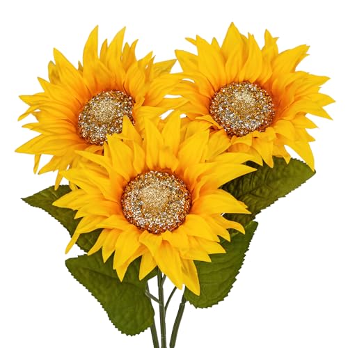 DILATATA 3 Pack Artificial Sunflower Stems with Luxury Beaded Center, 26” Large Fake Sunflowers with Real Touch Leaves, Silk Sunflower Flowers for Vase, Fall Farmhouse Home Table Wedding Decoration - color: 8" Beaded