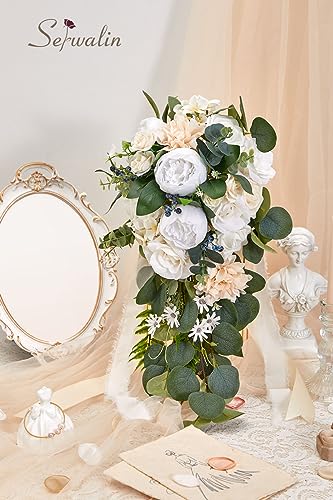 Serwalin 9.8 Inch Wedding Bouquets for Bride Bridesmaid, Forest White Peonies Bridal Bouquets for Bride, Wedding Flowers Bouquet Tossing Bouquet, Wedding Ceremony and Anniversary Day Decor - color: Bright Forest White