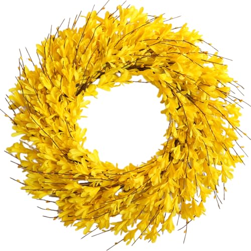 22inch Artificial Forsythia Flower Wreaths Spring Summer Fall Wreath Silk Leaves Wreath for Front Door Wreaths Porch Farmhouse Patio Garden Home Decor (Yellow) - color: Yellow