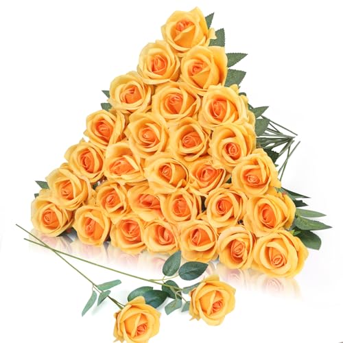 30pcs Fake Roses Artificial Silk Flowers Long Stems Bouquet for Wedding Bridal Shower Party Home Decoration (Gradient Yellow) - color: Gradient Yellow