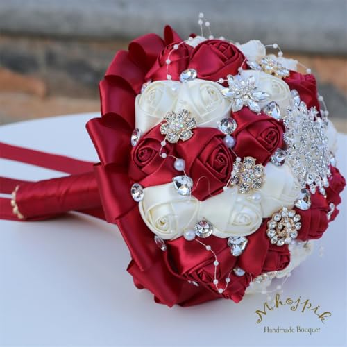 7.5" Dark Red & Ivory Bridal Wedding Bouquet Round Holding Bouquet Throw Toss Artificial Rose Flower Bunch for Bride Bridesmaid Wedding Quinceanera - color: Dark Red & Ivory, size: Small (Dia. 7.5"/19cm)