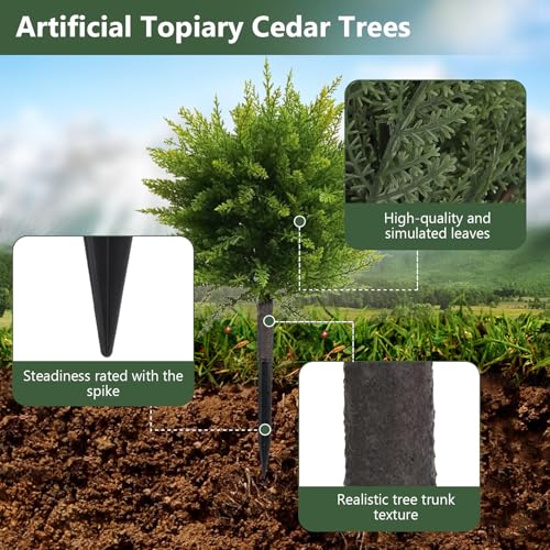 23.6" Artificial Cypress Topiary Tree with Ground Spike, Set of 2 Faux Cedar Bushes, Fake Evergreen Tree for Porch, Artificial Shrub Bushes Outdoor Indoor