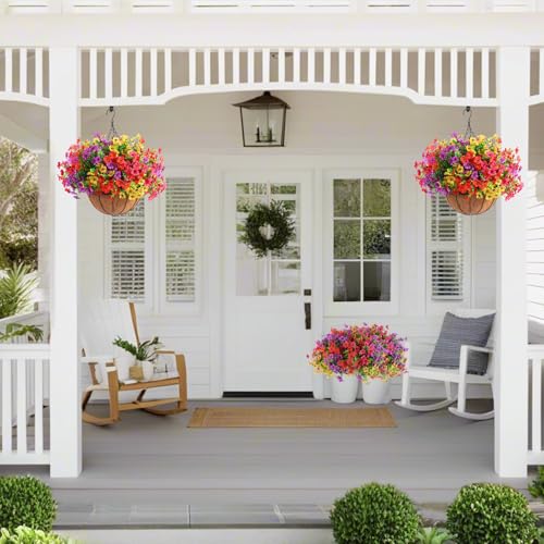 Hananona 2 Set Artificial Outdoor Flowers with Hanging Basket, 2 Hanging Planters with 24 Pcs Flowers for Spring Summer Front Porch Garden Patio Home Decor (2, Red, Purple, Yellow, Rose Red) - color: Red, Purple, Yellow, Rose Red