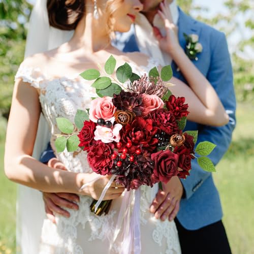 Garisey Artificial Flowers Combo Box Set Burgundy Silk Flowers for DIY Wedding Bouquet Arrangements Bridal Shower Party Home Decorations (Mature Burgundy) - color: Mature Burgundy
