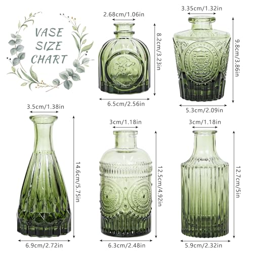 SUPMIND Glass Bud Vase Set of 5, Green Small Flower Vases for Centerpieces in Bulk, Mini Vintage Vase for Rustic Wedding, Home,Table Decoration - color: Green, size: 5Pcs