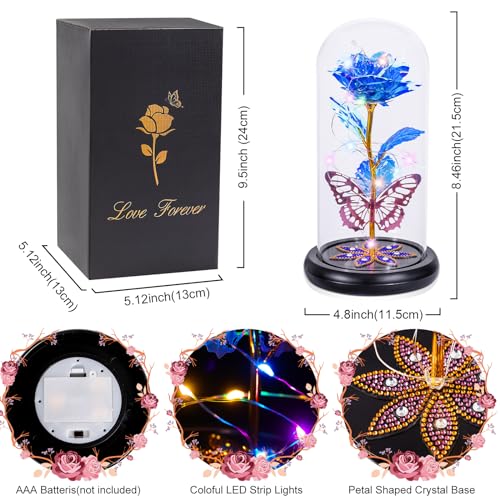 Pusuny Mothers Day Flowers Gifts for Mom Women Birthday Gift Galaxy Glass Rose Eternal Crystal Flowers Rose in Glass Dome with Butterfly Mother's Day Roses Gifts for Mom Daughter Wife Grandma Blue - color: C Blue