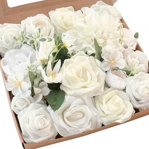 Floroom Ivory White Artificial Flowers Fake Roses Peonies Dahlia and Greenery Combo Box Set for DIY Wedding Bouquets Bridal Shower Centerpieces Floral Arrangements Party Tables Home Decorations - color: Camille Ivory & White