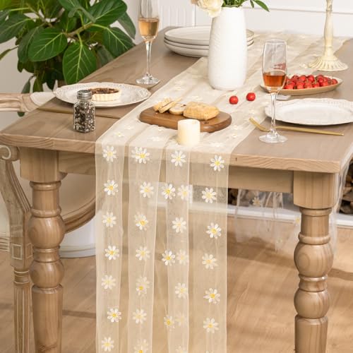 Artoid Mode Beige Apricot Daisy Gauze Embroidery Table Runner 120 Inch 10FT, Tulle Seasonal Spring Kitchen Dining Holiday Table Decor for Home Party - color: Beige Apricot
