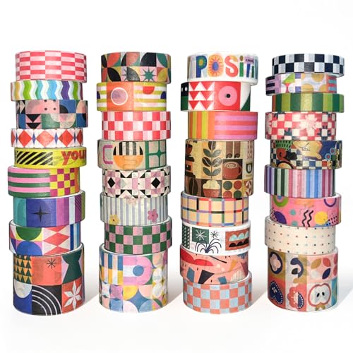 34 Rolls Geometric Washi Tape Set, Aesthetic Decorative Tape for Scrapbooking, Journaling, Bullet Journals, DIY Crafts and Gift Wrapping - color: Geometric_Collage