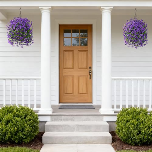 Artificial Hanging Baskets Outdoor, 4 Bundles Artificial Hanging Flowers Outdoors Spring Summer Decoration, No Fade Realistic Fake Hanging Baskets for Porch Patio Balcony Home Yard Decor - color: Purple