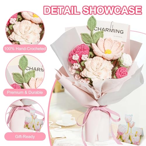 Crochet Flower Bouquet Handmade Pink Roses Artificial Flowers with Card Unique Mothers Day Graduation Birthday Gifts for Women Mom Girlfriend Wife Eternal Flores Knitting Decorations Home Decor - color: Pink Rose